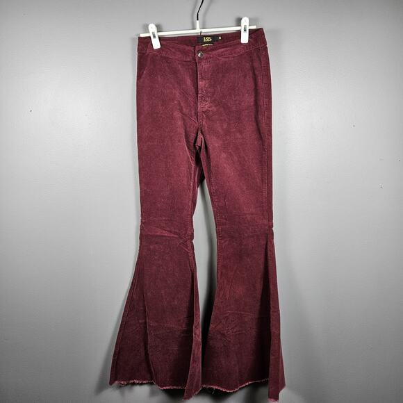 Lucky & Blessed Pants - Lucky & Blessed Burgundy Corduroy High Rise Extreme Flare Raw Hem Pants Women’s